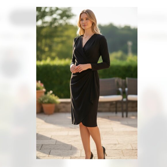 NWOT DKNY  Stretch Surplice V Neckline Long Sleeve Side Ruched Sheath Dress - Picture 1 of 6